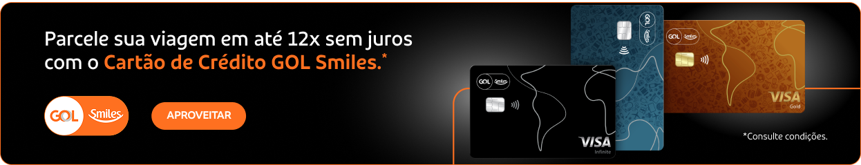 Parcele sua viagem em até 12x sem juros com o Cartão de Crédito GOL Smiles.