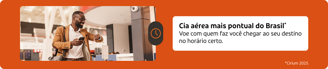Cia aérea mais pontual do Brasil. Voe com quem faz você chegar ao seu destino no horário certo.